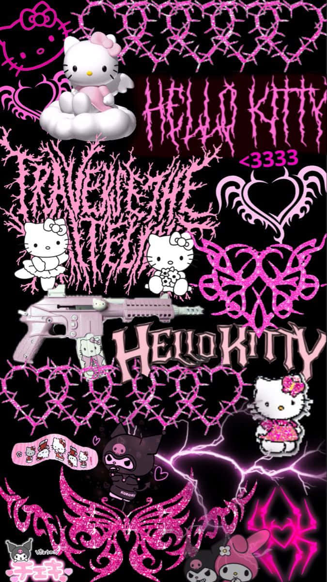 Goth Hello Kitty Aesthetic 桌布 壁紙 — 黑色背景上帶有尖刺、愛心和閃電的粉紅色哥德風格Hello Kitty角色。