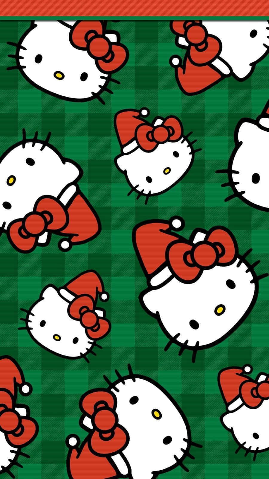  壁紙 — 戴紅色聖誕帽的Hello Kitty角色在綠色格子背景上重複出現，帶有紅色邊框。