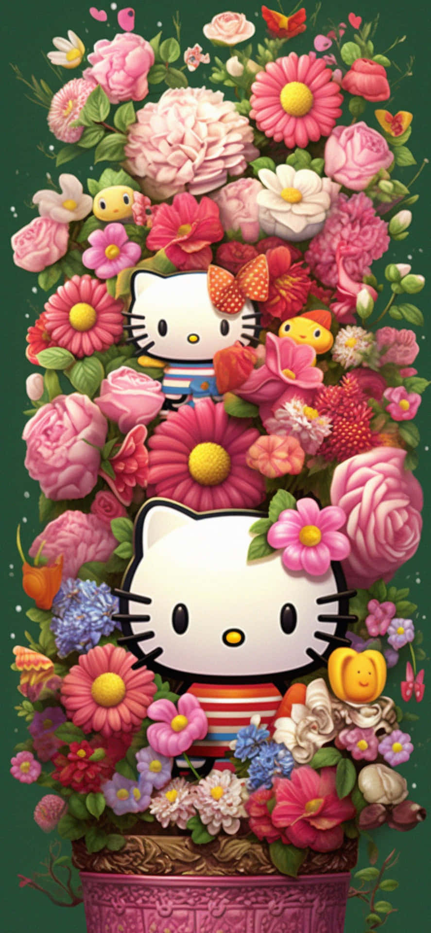 Hello Kitty 角色被裝飾花盆中的彩色花朵環繞。 — Hello Kitty 壁紙