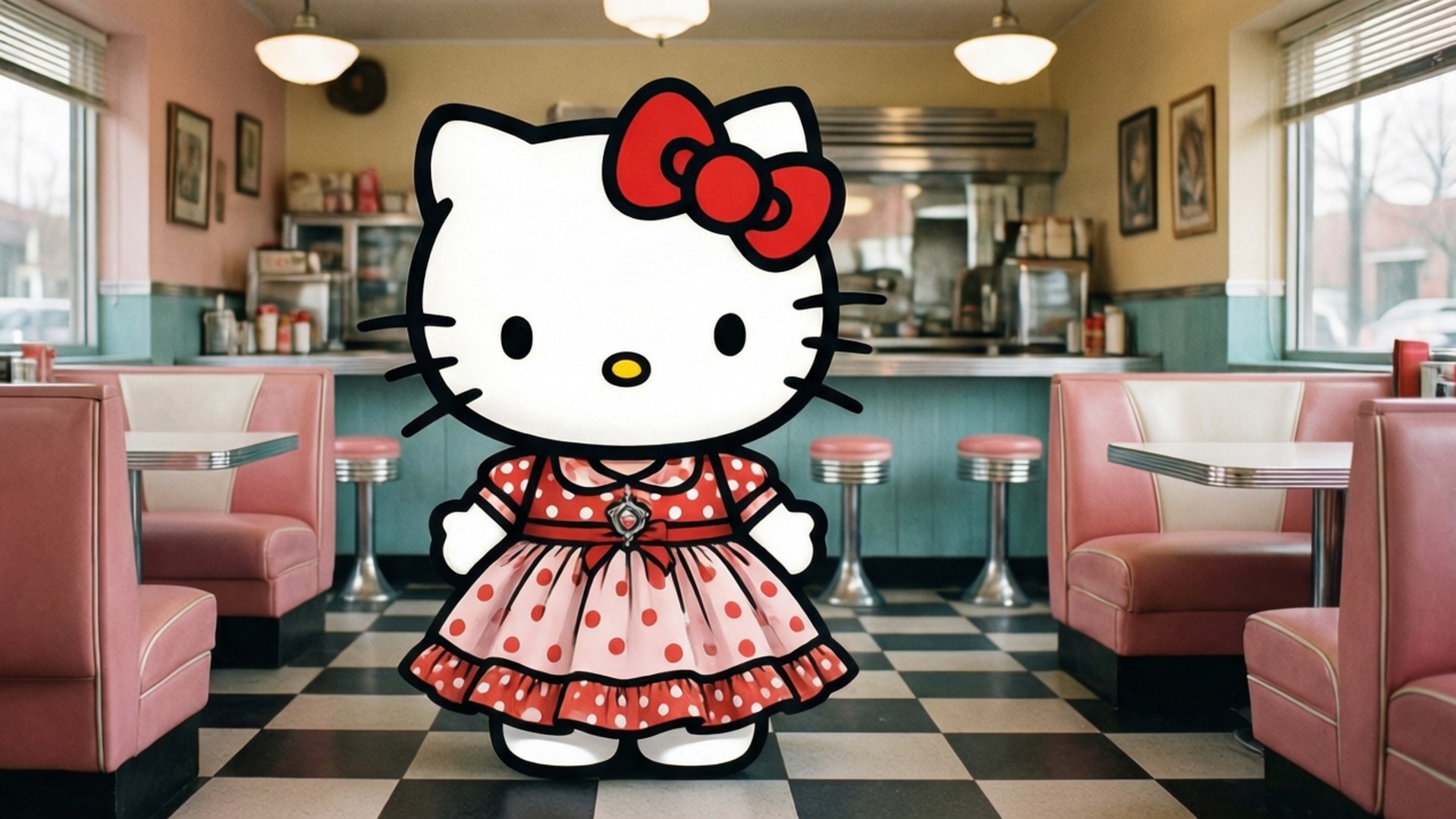 Hello Kitty 卡通角色穿著紅色圓點連衣裙，站在有粉紅色卡座的復古餐廳裡。 — Hello Kitty 壁紙