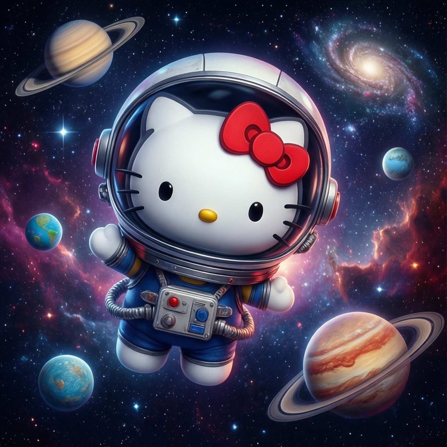 Hello Kitty 穿著太空衣在太空中的行星和星星之間漂浮 — Hello Kitty 壁紙