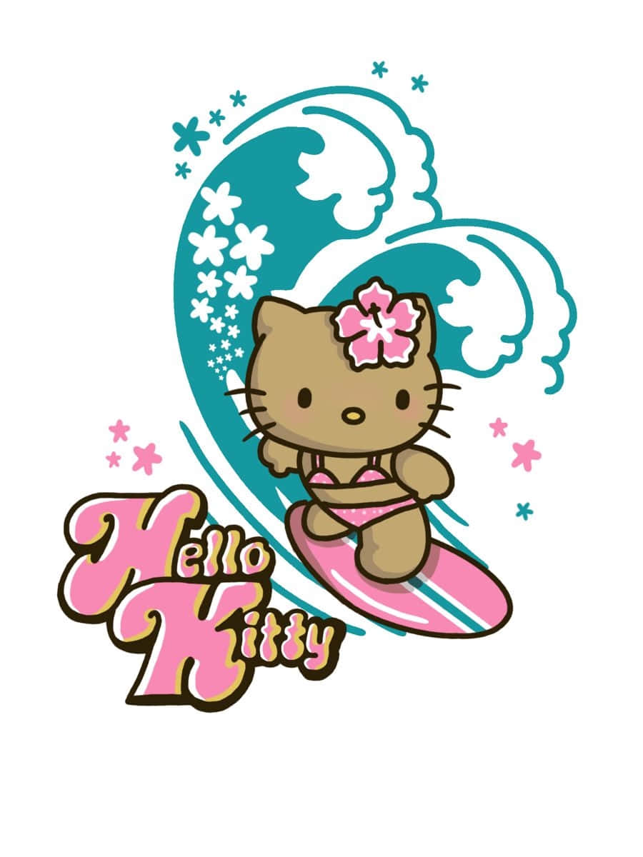  壁紙 — Hello Kitty 穿著粉紅色比基尼，頭戴粉紅色木槿花，在星星環繞下衝浪於青綠色的海浪上。