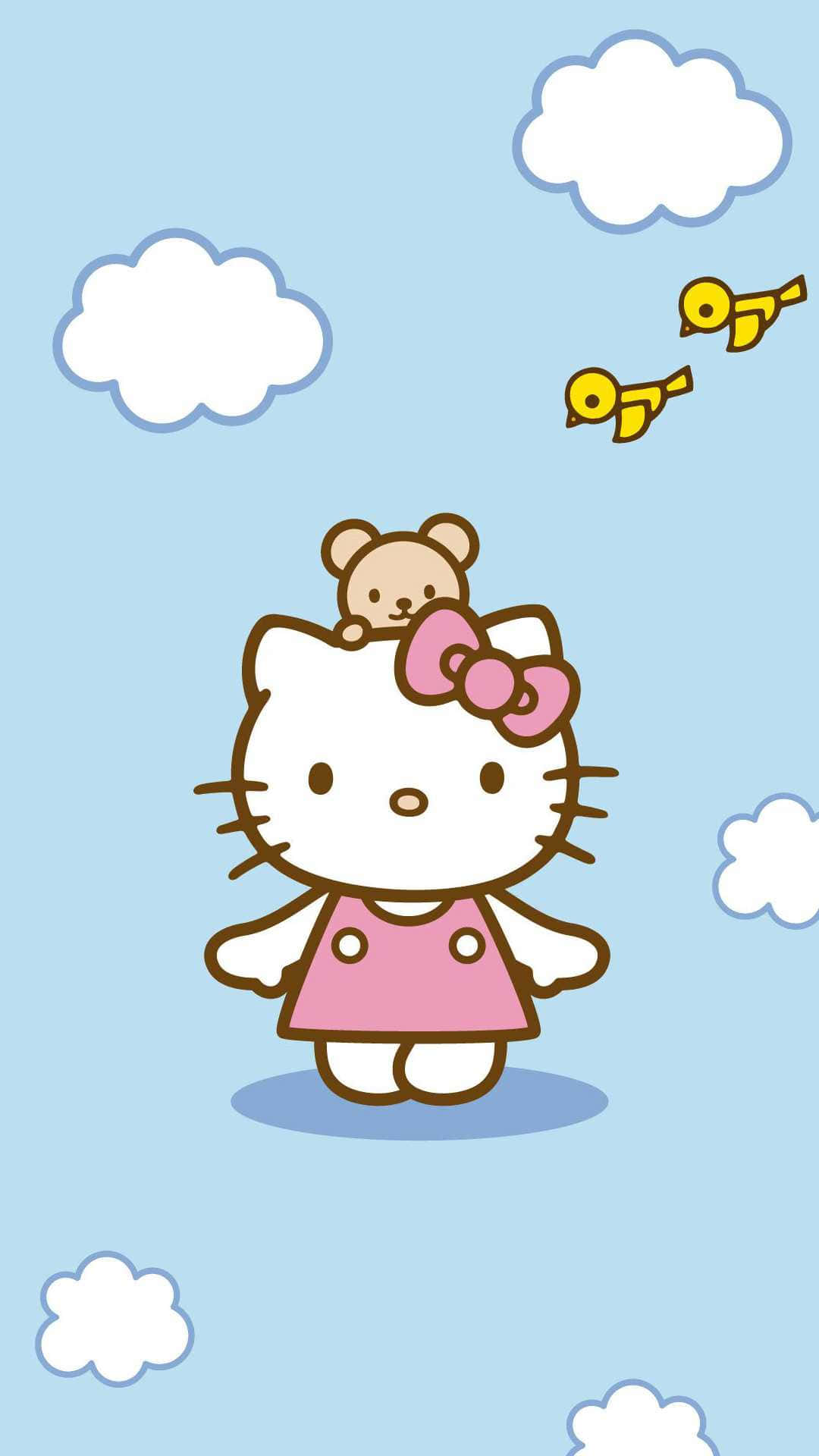  壁紙 — Hello Kitty 穿著粉紅色連衣裙，頭上頂著泰迪熊，在藍天白雲和飛鳥下漂浮。