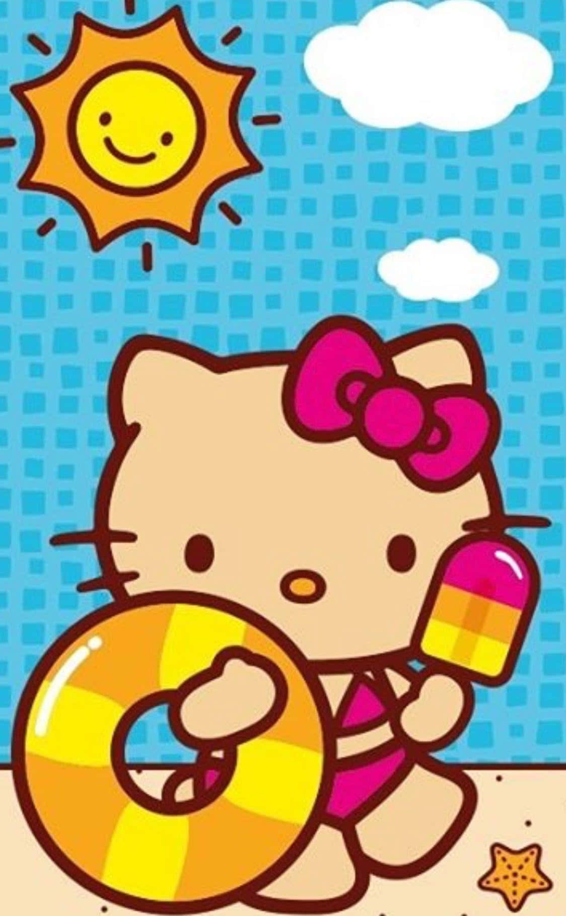  壁紙 — Hello Kitty 穿著粉紅色泳衣，在微笑的太陽和雲朵下拿著冰棒和充氣泳圈。