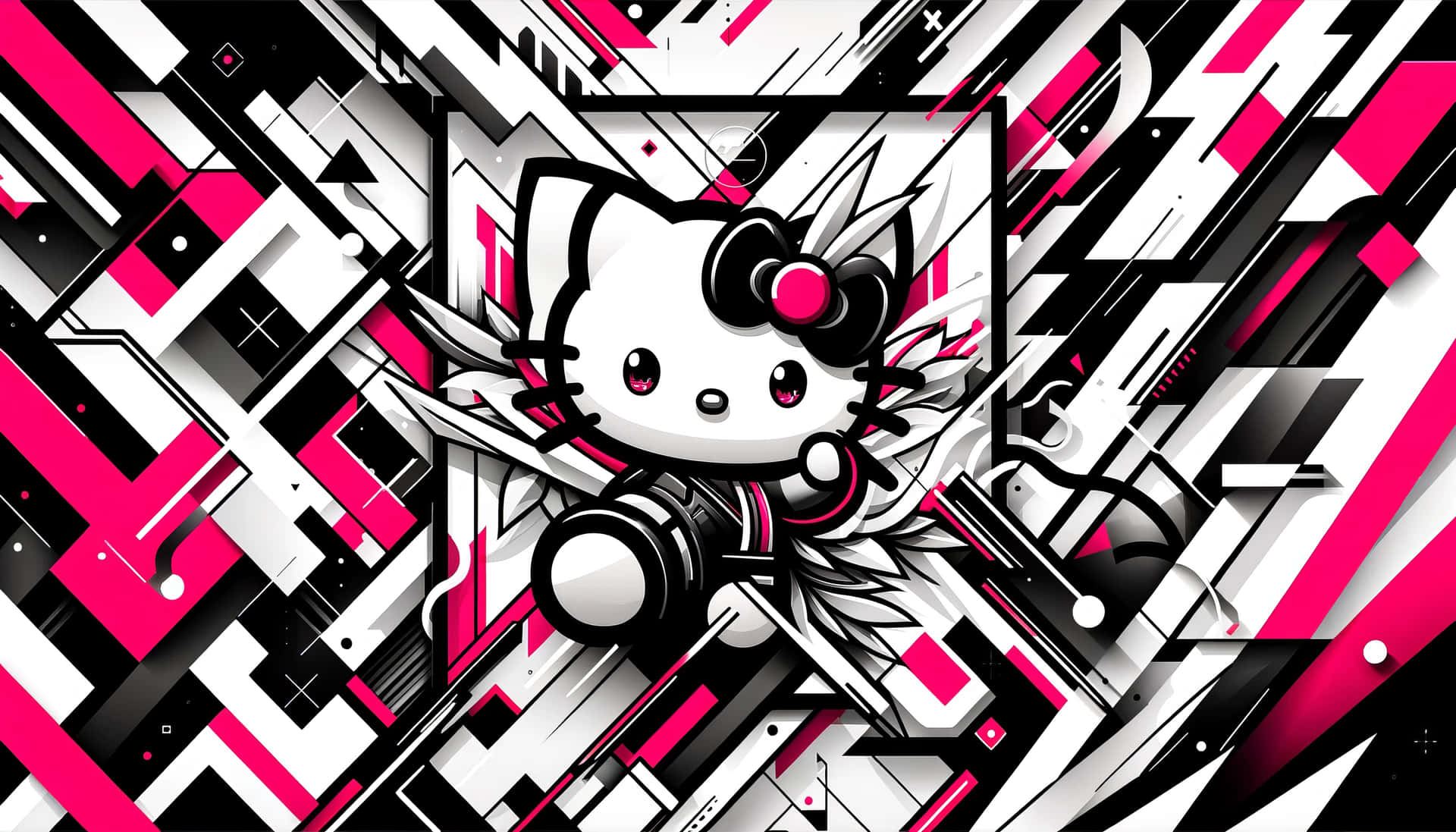  壁紙 — Hello Kitty 帶著天使翅膀和相機，置身於充滿動感的粉紅、黑、白幾何背景中。