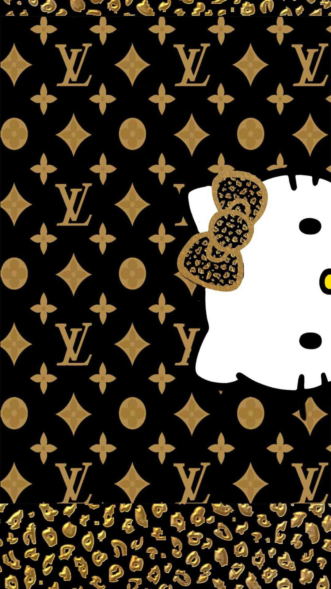  壁紙 — Hello Kitty 戴著豹紋蝴蝶結，出現在覆蓋金色 Louis Vuitton 字母圖案的黑底背景上。