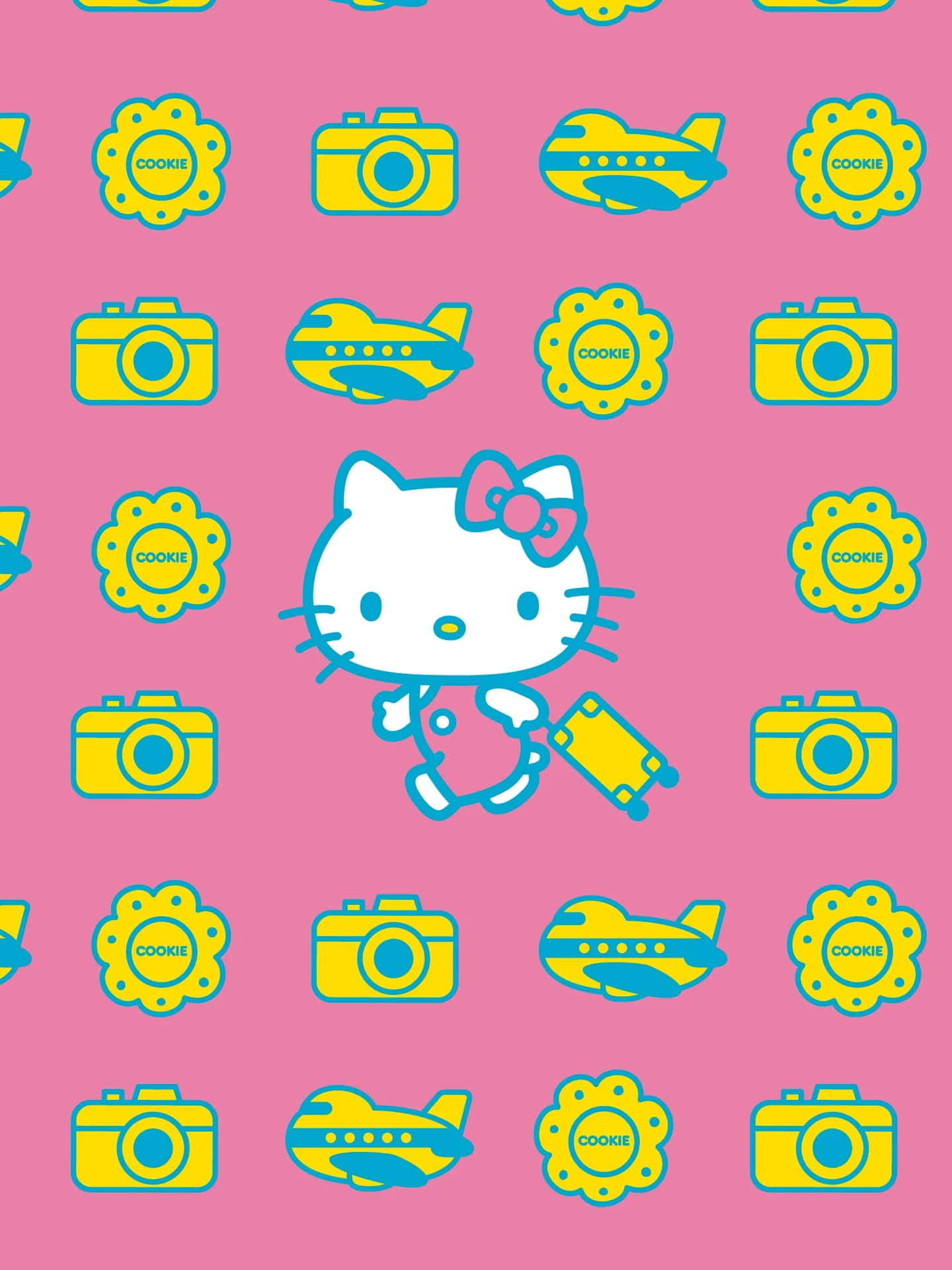  壁紙 — Hello Kitty 戴著粉紅色蝴蝶結和手提行李箱，站在粉紅色背景上重複的黃色圖標之間。