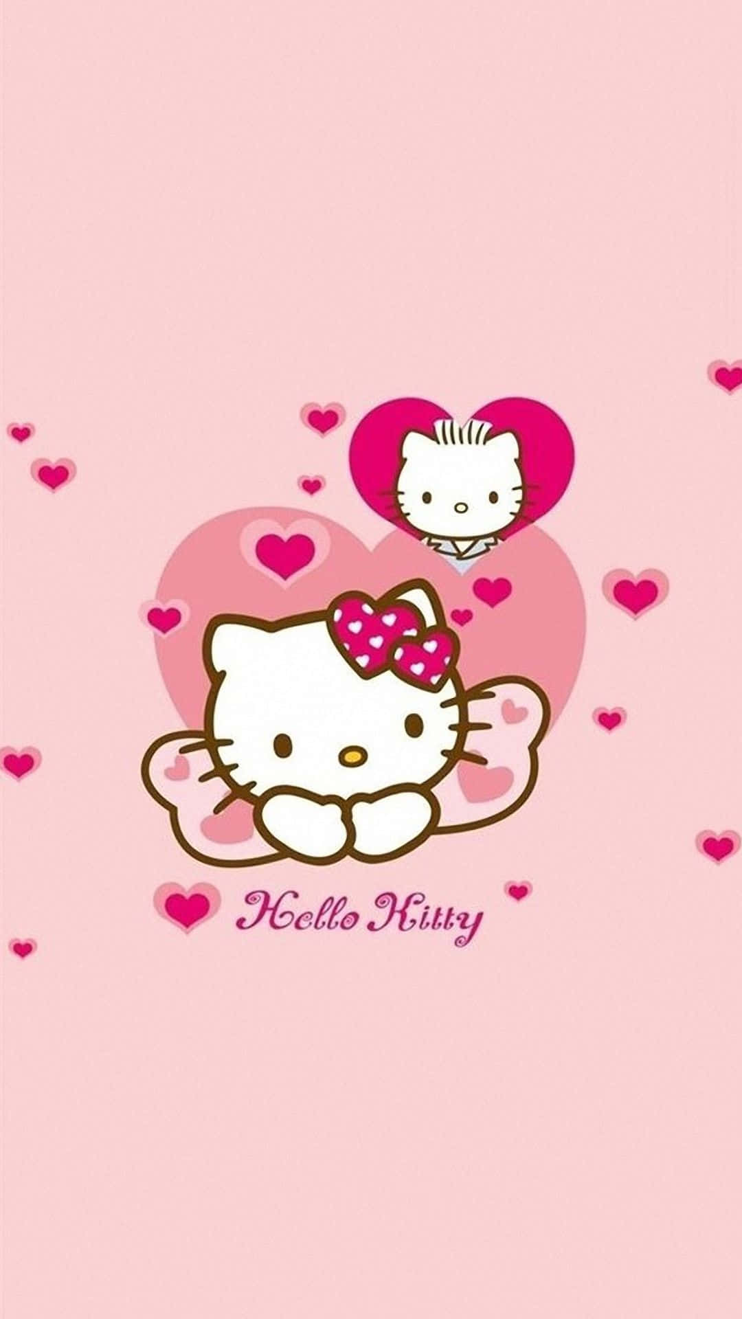 Hello Kitty 戴著粉紅色蝴蝶結，被漂浮在粉紅色背景上的心形包圍。 — Hello Kitty 壁紙