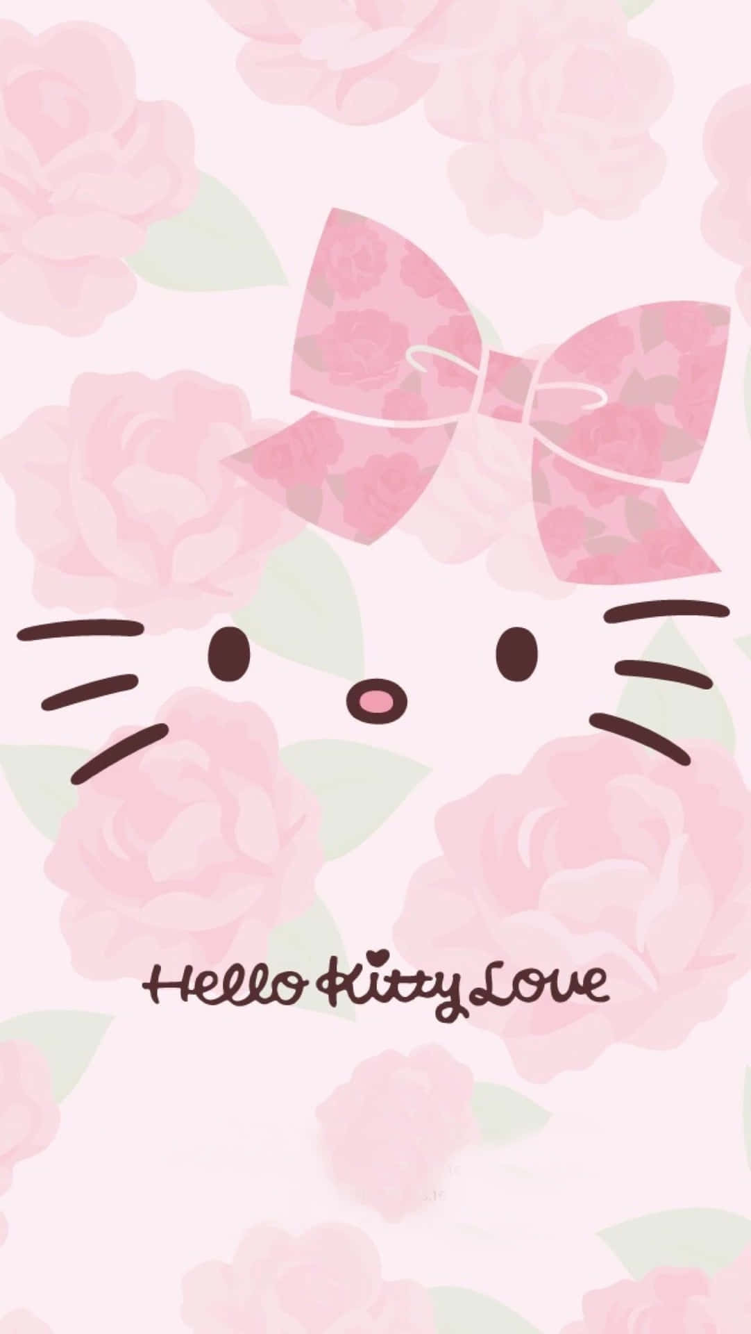 Hello Kitty 臉部特寫，帶有粉紅蝴蝶結和玫瑰背景 — Hello Kitty 壁紙