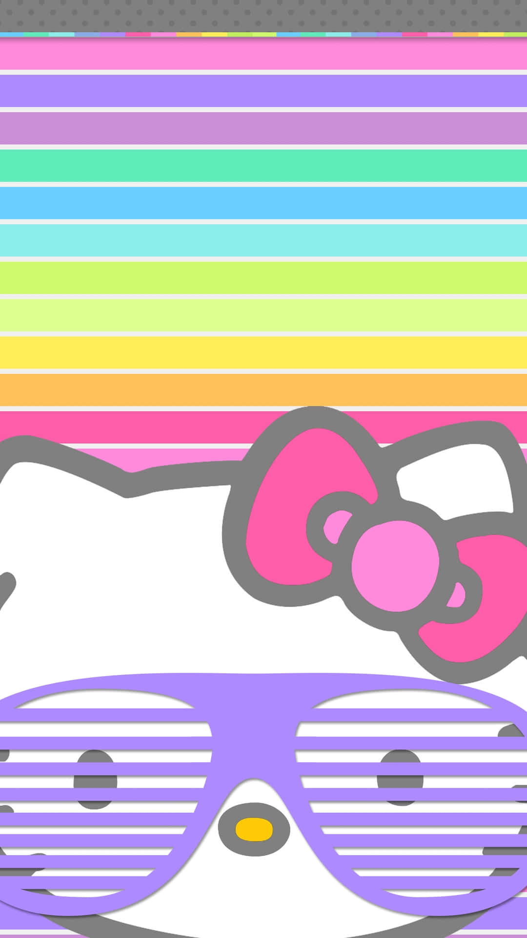  壁紙 — Hello Kitty 戴著紫色百葉窗太陽眼鏡，背景是充滿活力的彩虹條紋。