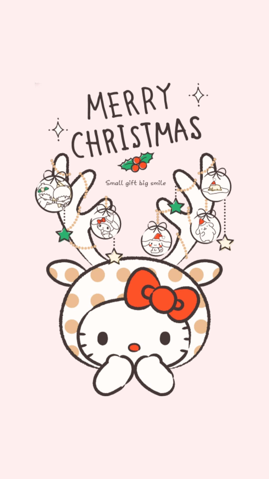  壁紙 — Hello Kitty 裝扮成馴鹿，帶有鹿角、聖誕裝飾球和星星，背景是柔和粉紅色，寫著「MERRY CHRISTMAS」
