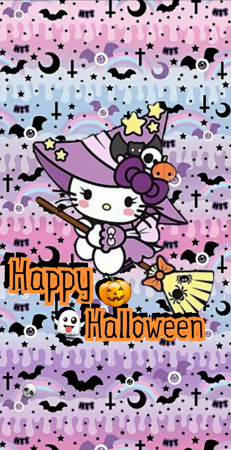  壁紙 — Hello Kitty 打扮成女巫，帶著黑貓和南瓜，飛過充滿蝙蝠、星星和十字架的紫粉漸變天空。