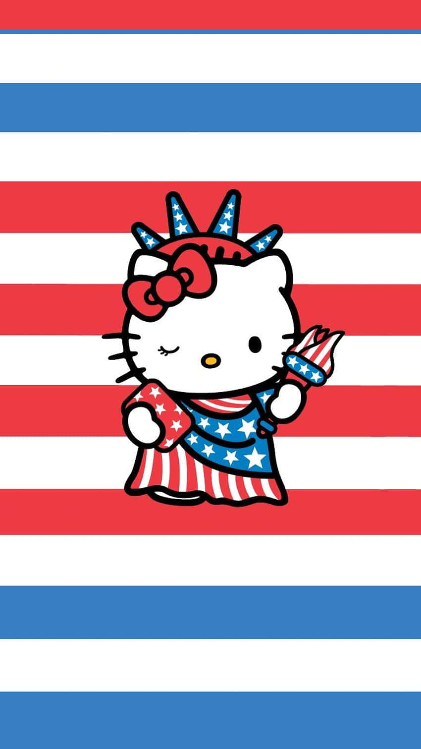 Hello Kitty 穿著自由女神像服裝，在條紋背景上手持火炬。 — Hello Kitty 壁紙