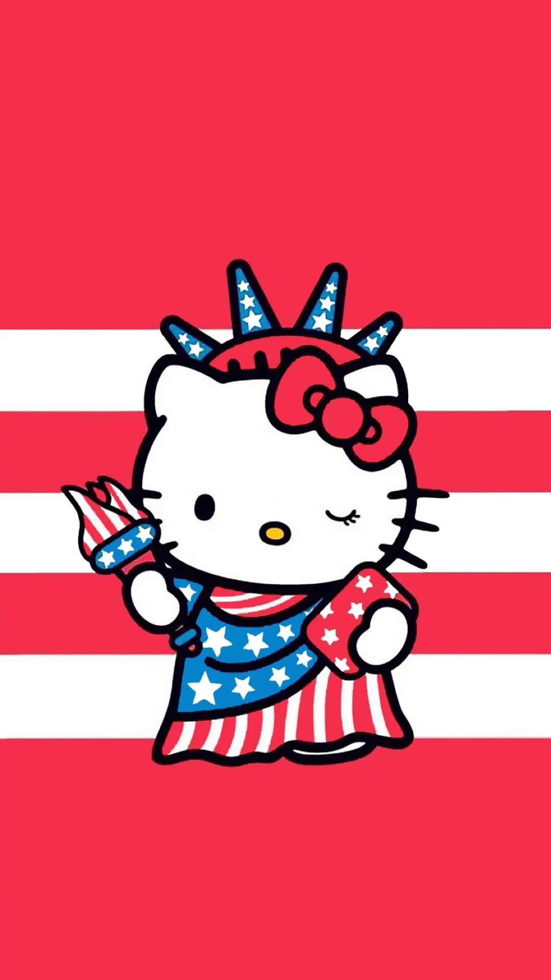  壁紙 — Hello Kitty 打扮成自由女神像，身穿紅、白、藍星條紋圖案，背景為條紋。