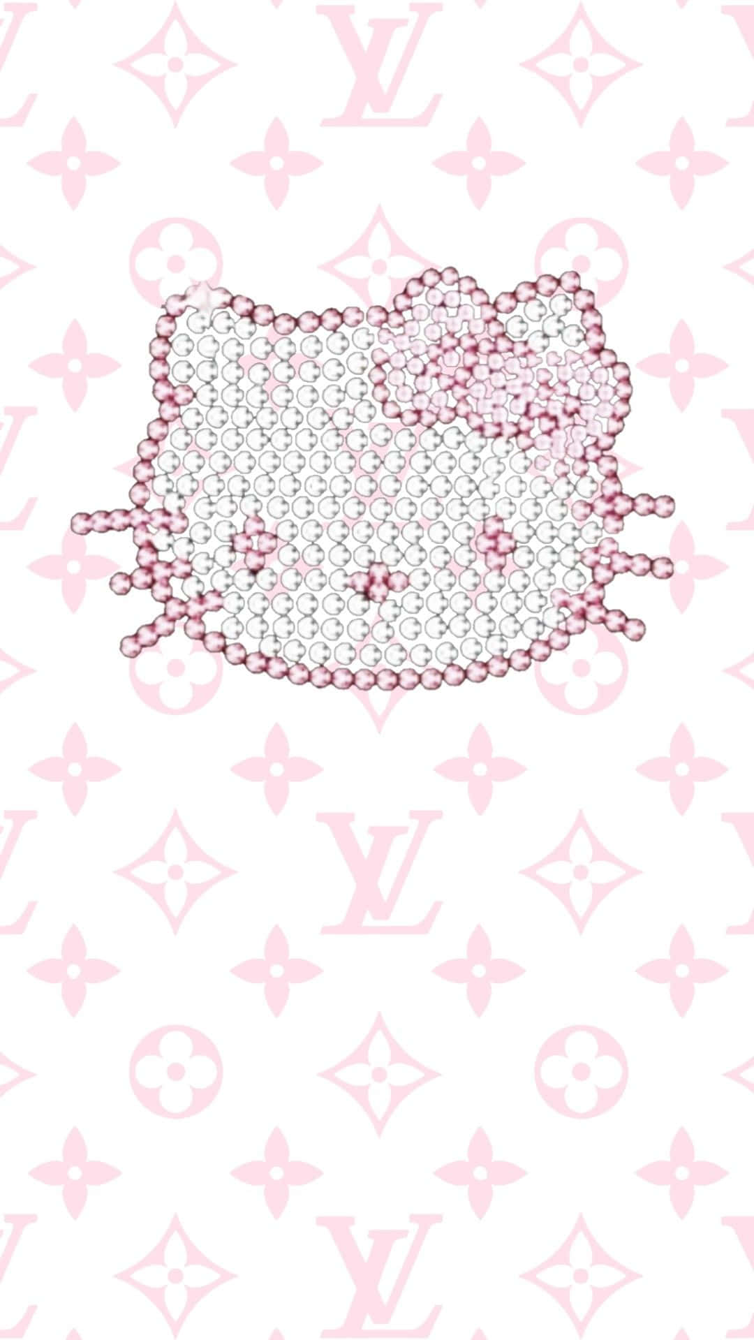  壁紙 — 一個由粉紅色和透明珠子製成的Hello Kitty臉孔，置於粉紅色Louis Vuitton monogram圖案背景上。