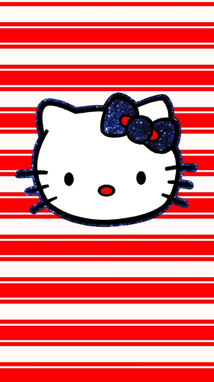 Hello Kitty 在紅白條紋背景上戴著藍色閃亮蝴蝶結。 — Hello Kitty 壁紙