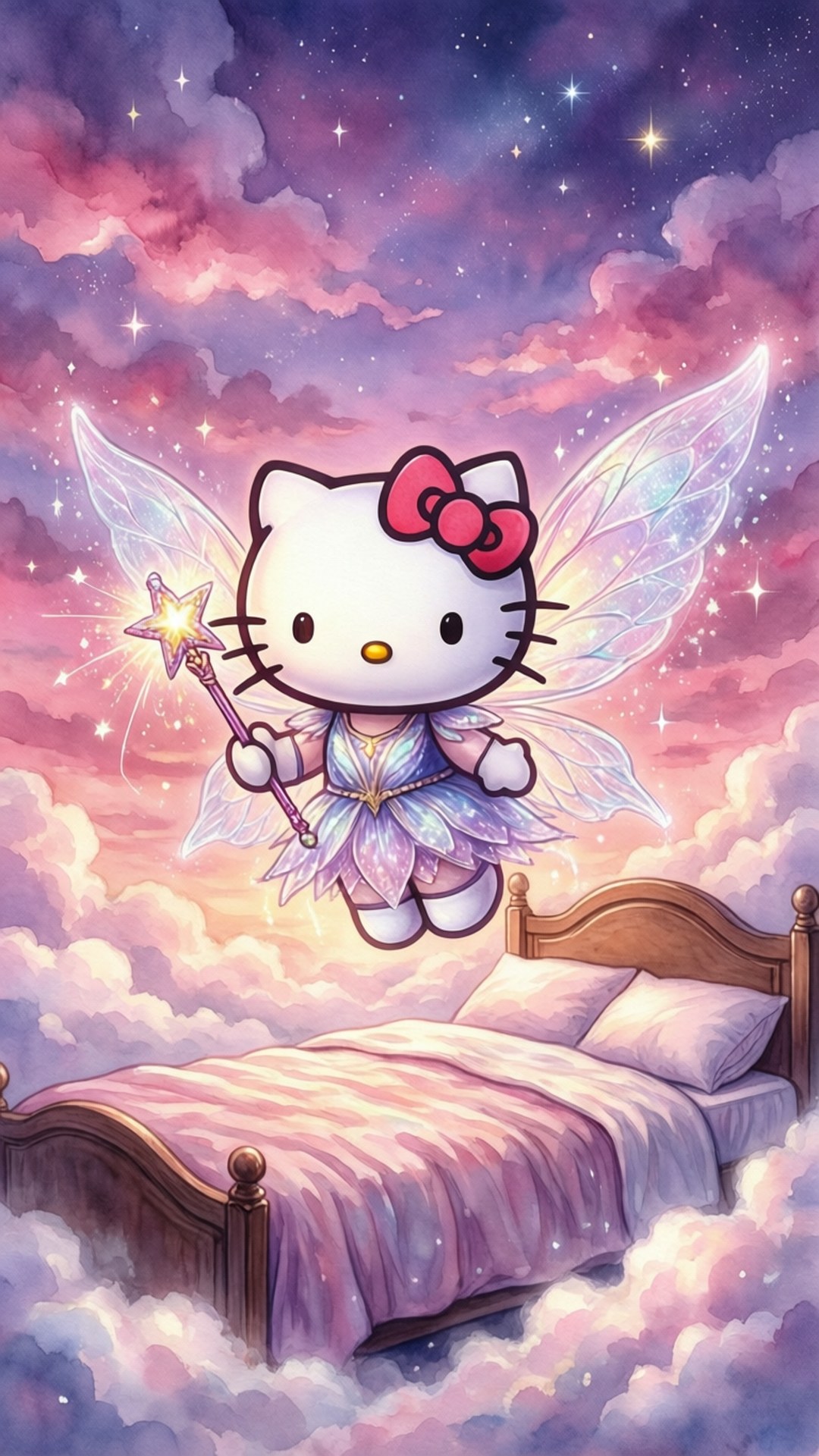 Hello Kitty 仙子手持星星魔杖，漂浮在粉紫色星空中的木床上方。 — Hello Kitty 壁紙