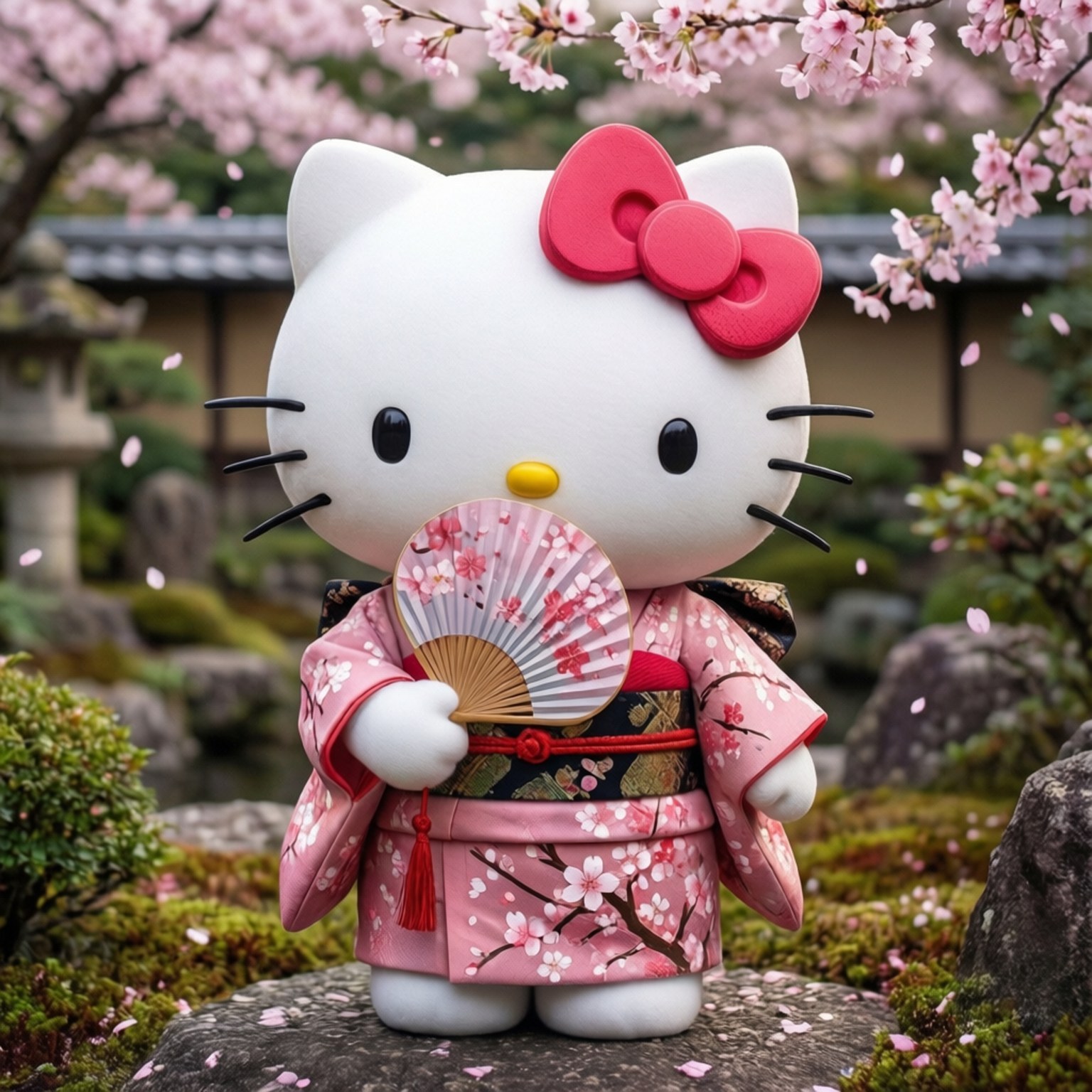 Hello Kitty 穿著粉紅色和服在花園櫻花下持扇 — Hello Kitty 壁紙