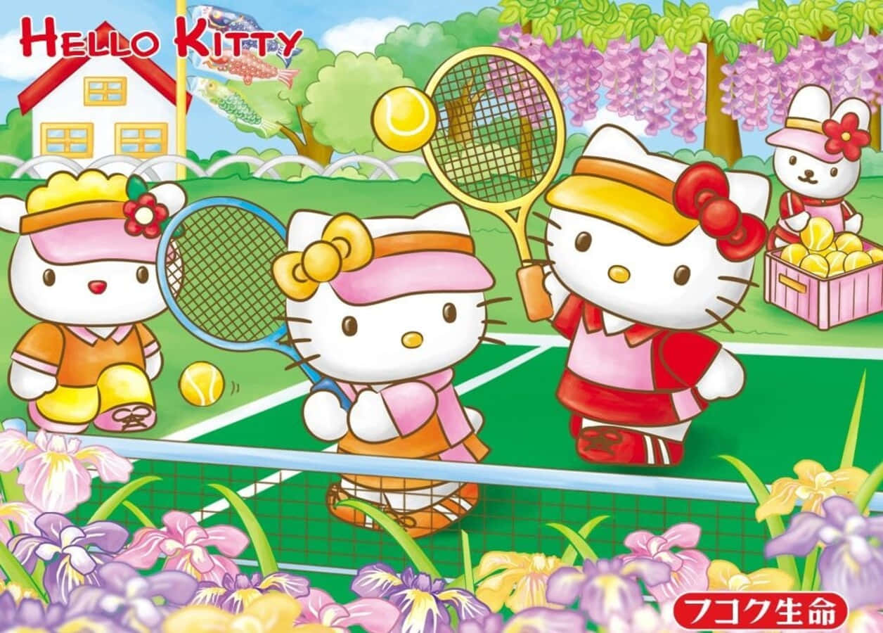 Hello Kitty 和朋友們在一個有紫色花朵的彩色花園裡打網球。 — Hello Kitty 壁紙