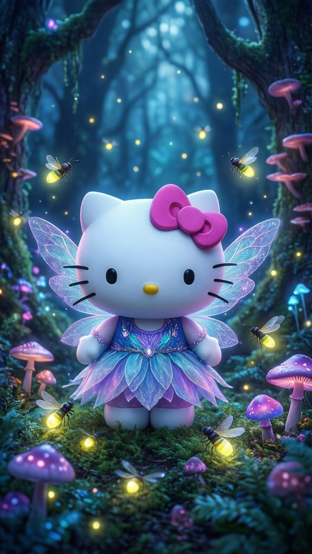 Hello Kitty 仙子在發光森林中與螢火蟲和蘑菇 — Hello Kitty 壁紙