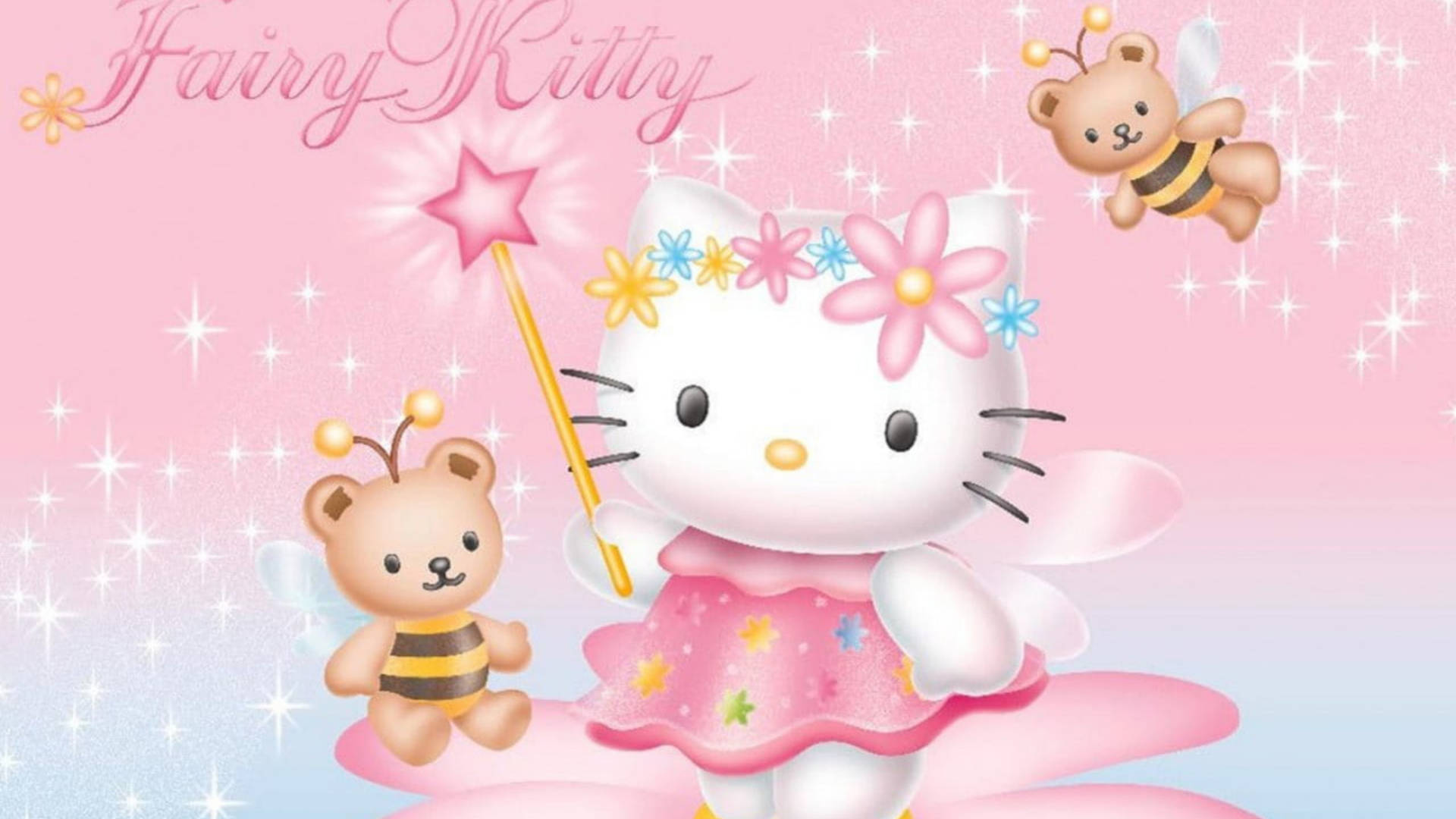 Hello Kitty 化身為仙女，與蜜蜂朋友在閃爍的粉紅色天空中飄浮。 — Hello Kitty 壁紙