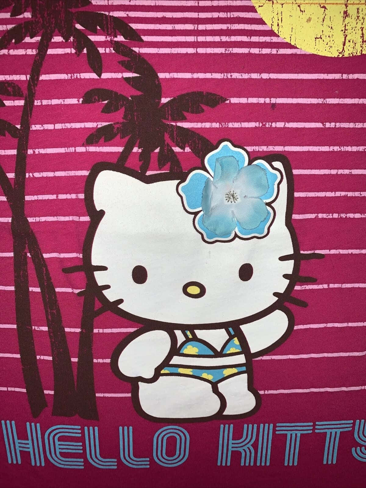  壁紙 — Hello Kitty 身穿藍色花卉泳衣，站在棕櫚樹下，背景是充滿活力的粉紅色條紋和黃色太陽。
