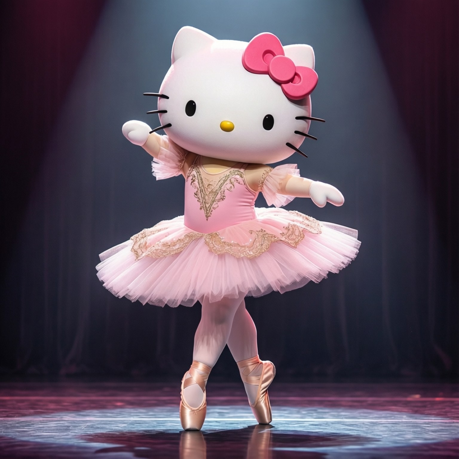 Hello Kitty 身穿粉紅色芭蕾舞服在聚光燈下舞台上表演 — Hello Kitty 壁紙