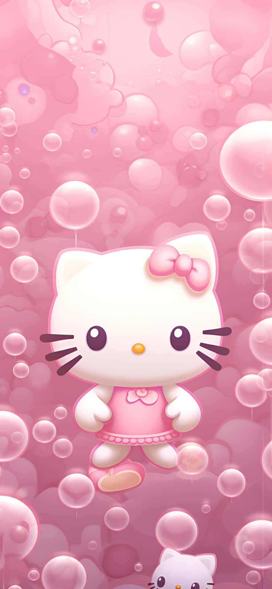  壁紙 — Hello Kitty 身穿粉紅色連衣裙，在柔和的粉彩粉紅色背景中漂浮於發光的泡泡之間。