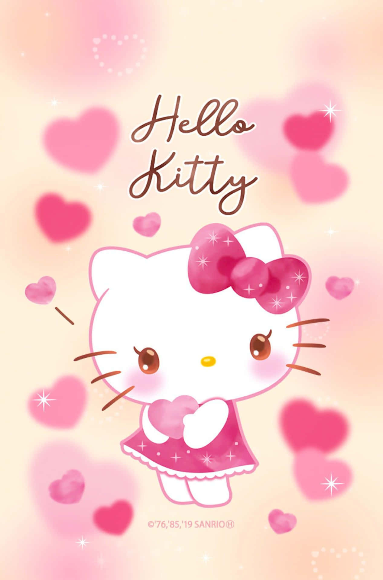 Hello Kitty 手持一顆心，周圍環繞著漂浮的心形和閃光。 — Hello Kitty 壁紙