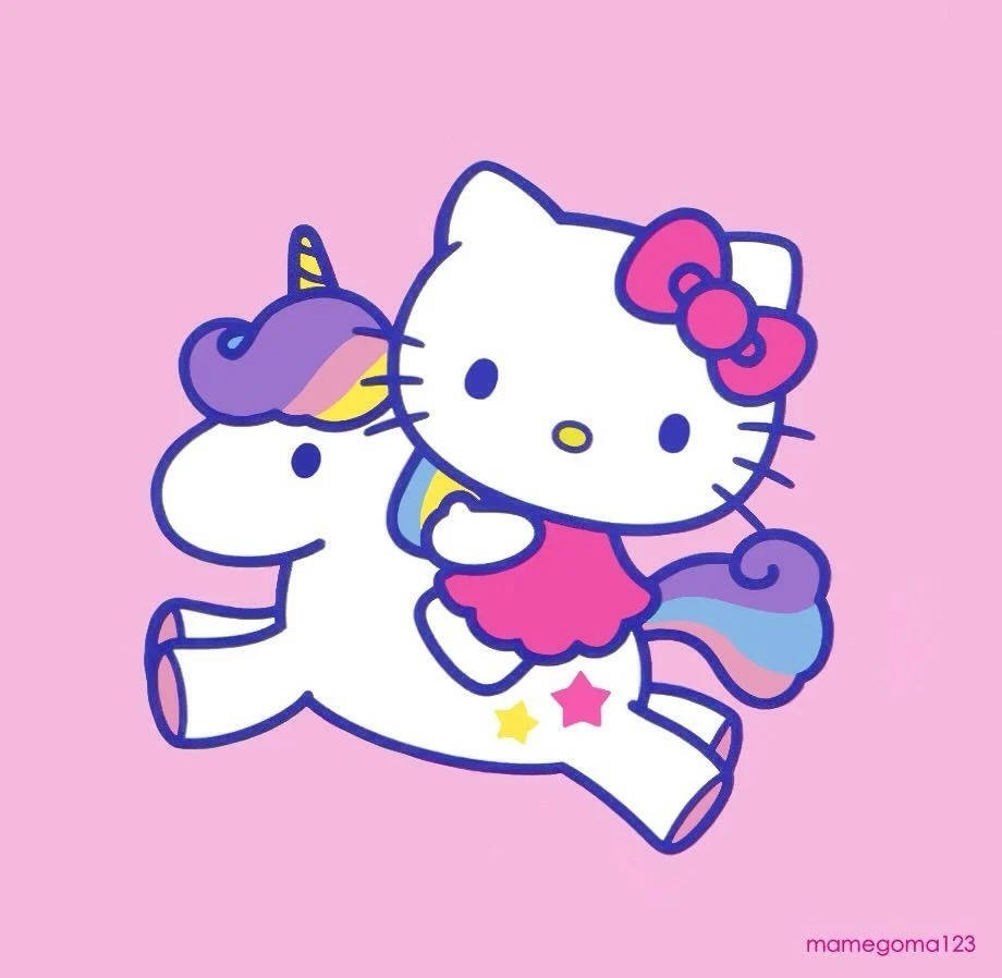 Hello Kitty 在粉紅色背景上騎著彩虹獨角獸，伴有星星。 — Hello Kitty 壁紙