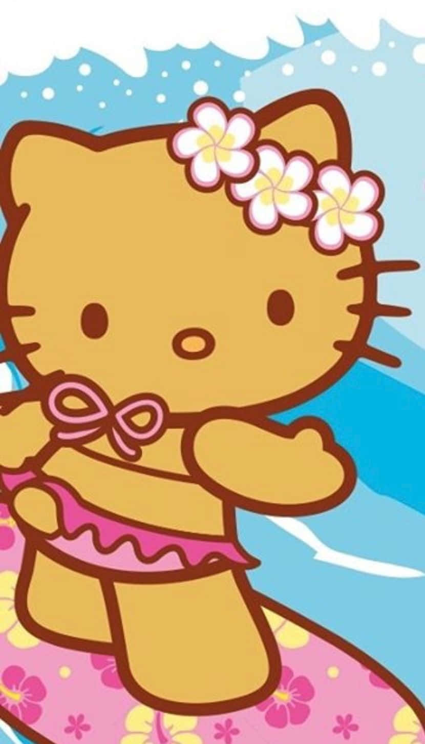  壁紙 — Hello Kitty 身穿粉紅色花卉泳衣，在帶有白色泡沫的明亮藍色海浪上衝浪。