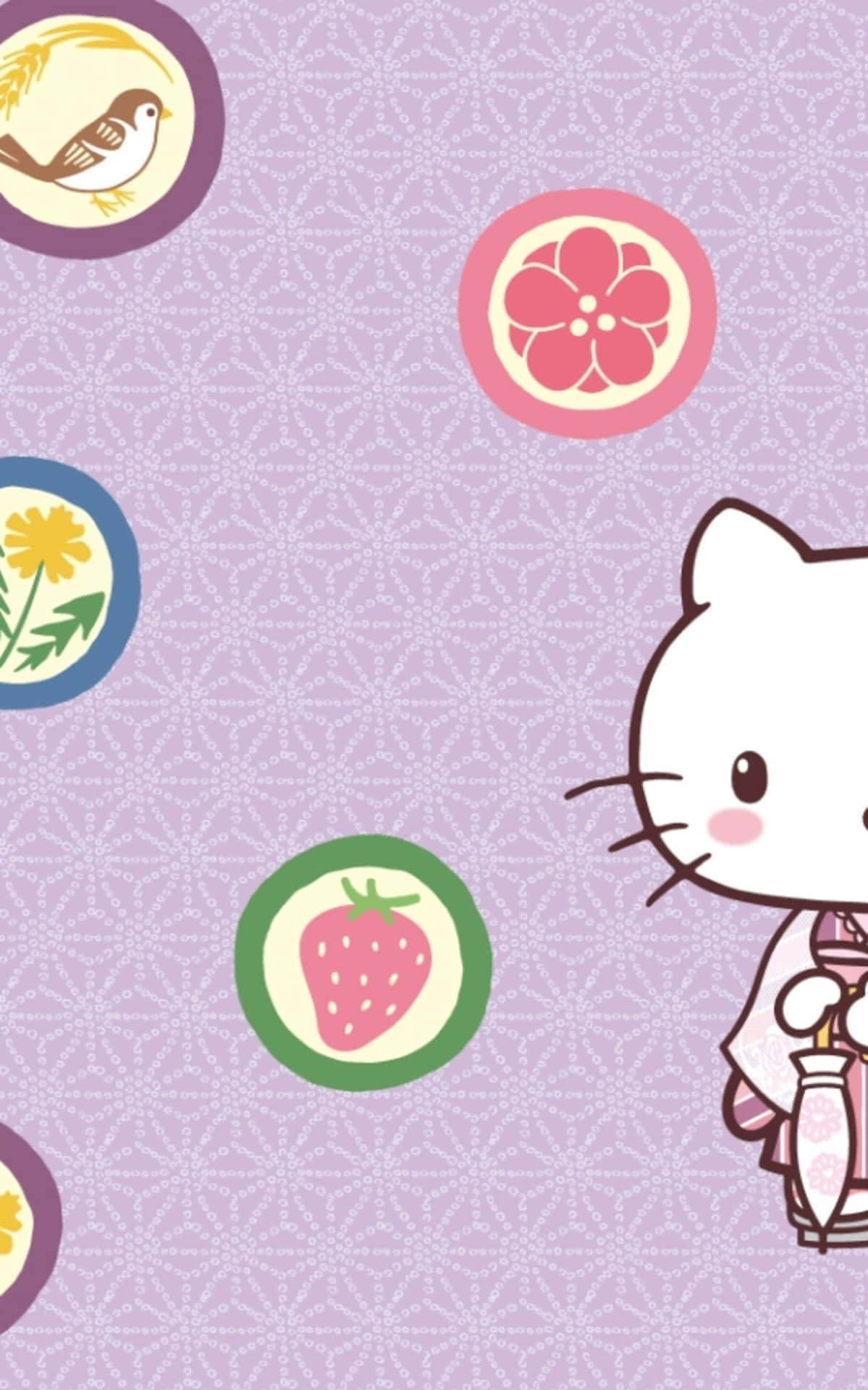  壁紙 — Hello Kitty 身穿粉紅色和服，手持茶壺，背景為薰衣草色，帶有漂浮的水果和鳥類圖案。