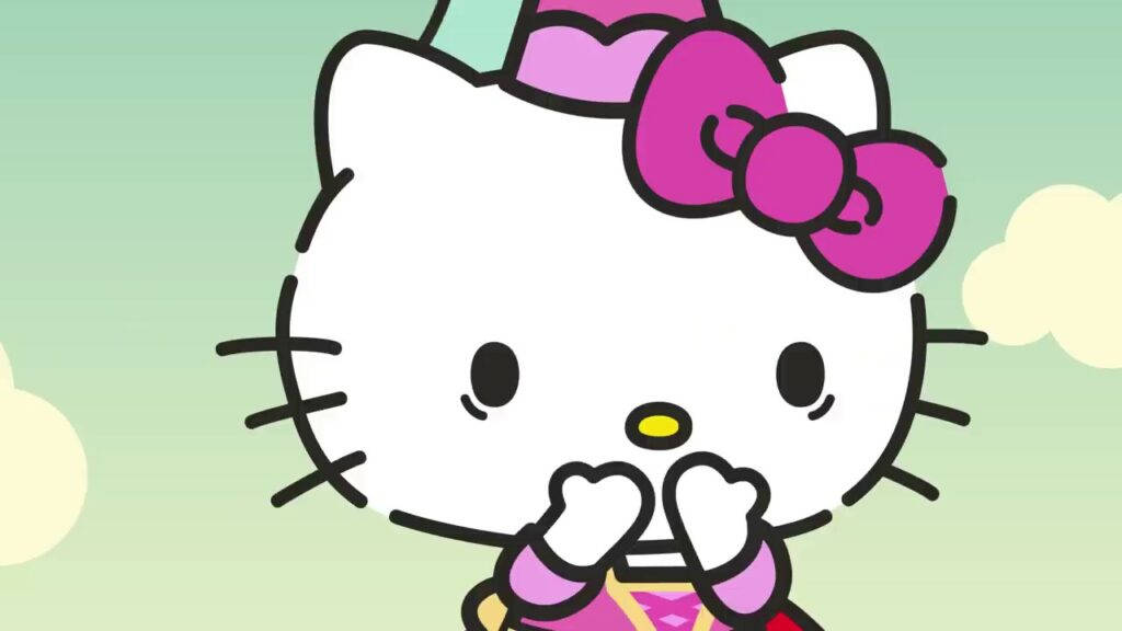 Hello Kitty 戴著粉紅色派對帽和蝴蝶結，雙手合十微笑。 — Hello Kitty 壁紙