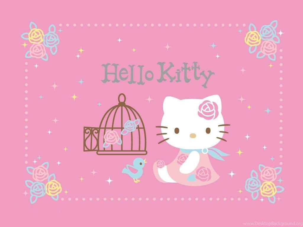 Hello Kitty 身穿粉紅玫瑰裙，鳥從籠中飛出，背景閃爍粉紅。 — Hello Kitty 壁紙