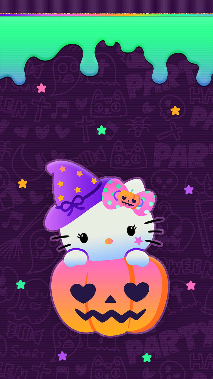  壁紙 — Hello Kitty 戴著紫色巫婆帽，從發光的南瓜燈中窺視，背景是滴落的霓虹綠色和紫色萬聖節背景。