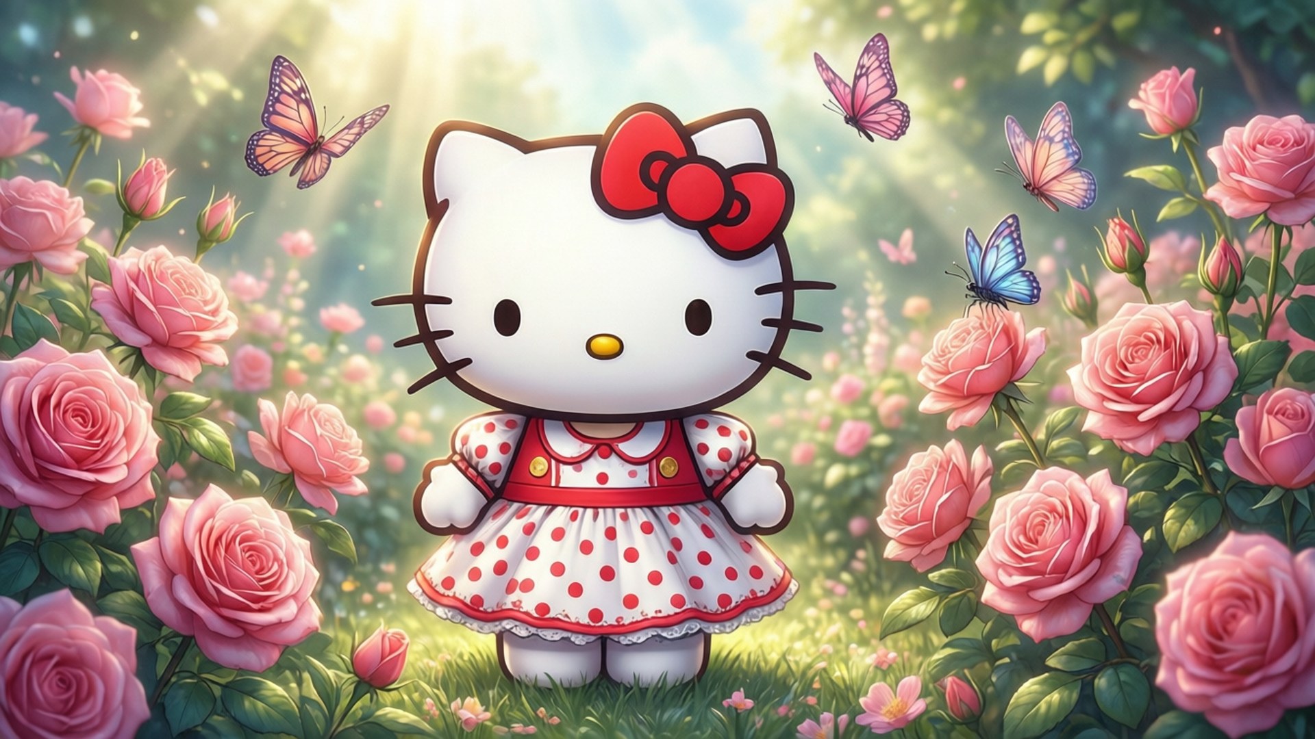 Hello Kitty 身穿紅色圓點連衣裙，站在粉紅玫瑰園中，蝴蝶在周圍飛舞。 — Hello Kitty 壁紙