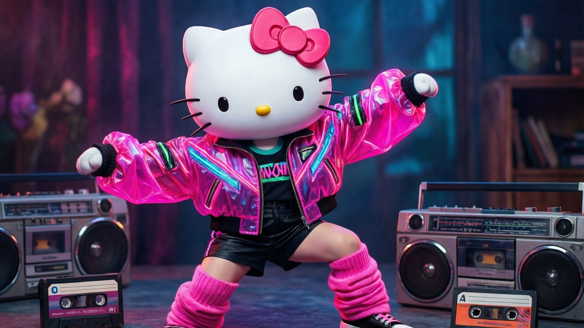Hello Kitty 穿著粉紅色外套，在附近有卡式錄音帶的揚聲器之間跳舞。 — Hello Kitty 壁紙