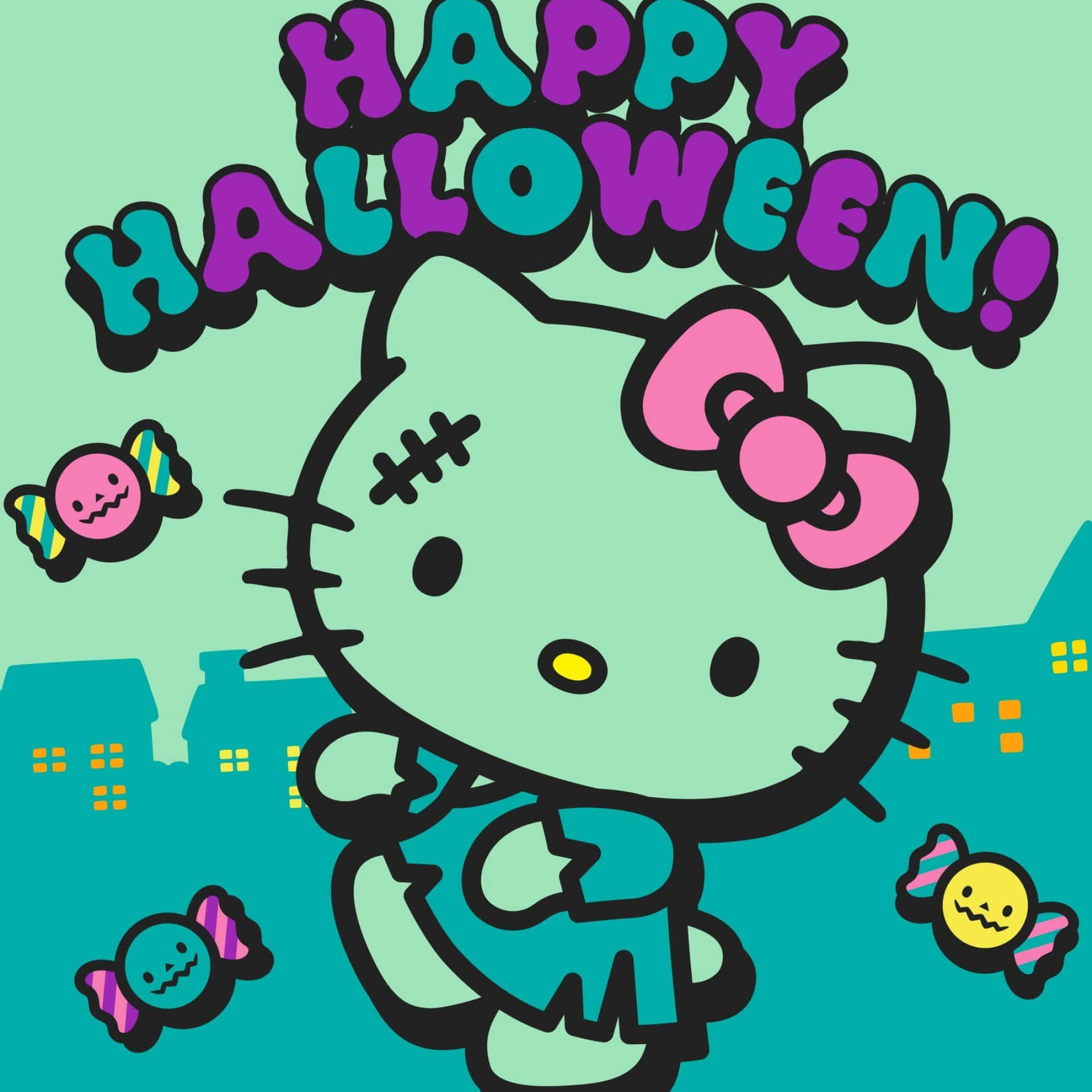  壁紙 — Hello Kitty 穿著縫製的萬聖節服裝，與糖果蝙蝠在青綠色的城市景觀前，下方有「Happy Halloween!」橫幅。