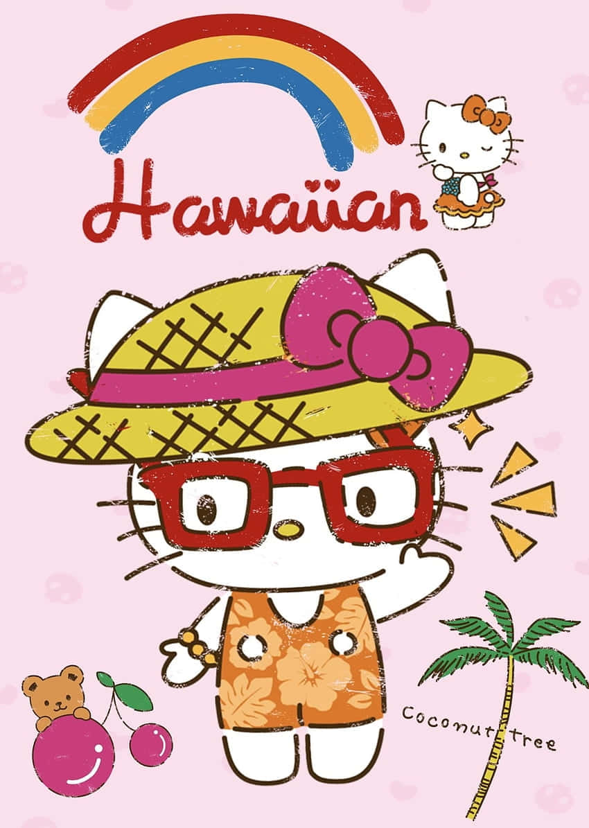  壁紙 — Hello Kitty 戴著草帽和花卉短褲，在彩虹下揮手，旁邊有椰子樹和泰迪熊。
