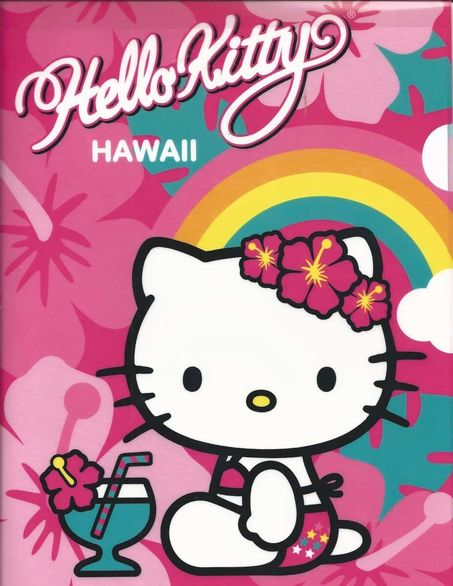  壁紙 — Hello Kitty 以充滿活力的夏威夷主題呈現，搭配粉紅色芙蓉花和彩虹，背景為熱帶粉紅色。