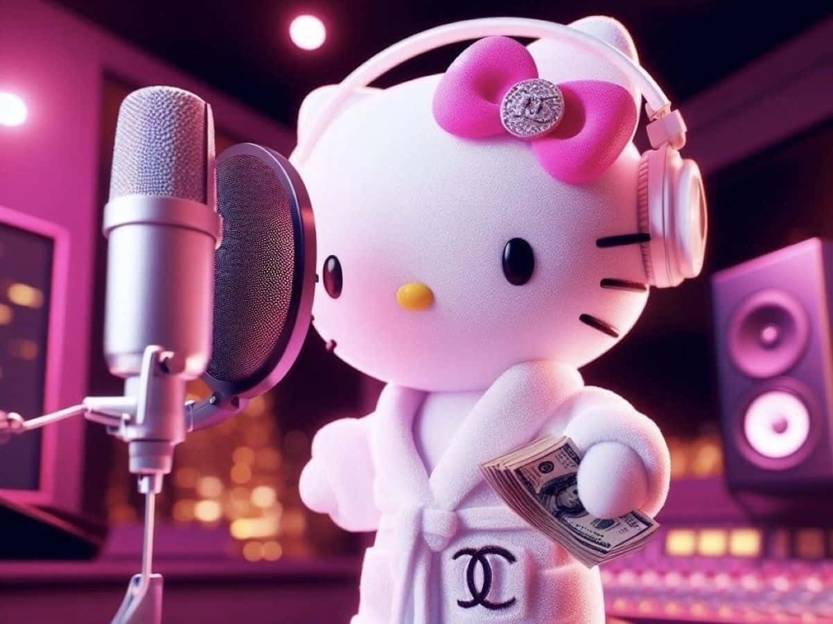  壁紙 — Hello Kitty 身穿白色 Chanel 浴袍和耳機，在紫色燈光下拿著現金對著錄音室麥克風唱歌。