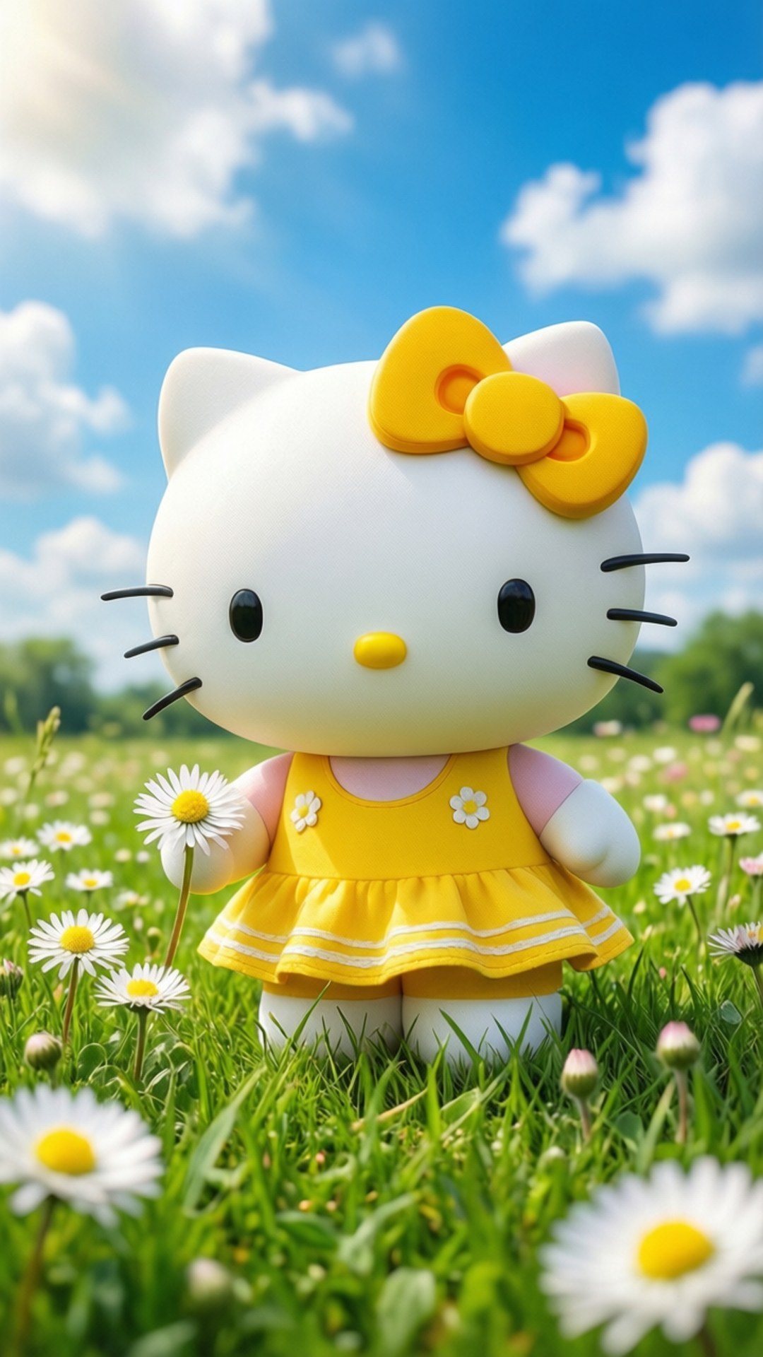 Hello Kitty 身穿黃色連衣裙，站在雛菊田裡，藍天白雲。 — Hello Kitty 壁紙