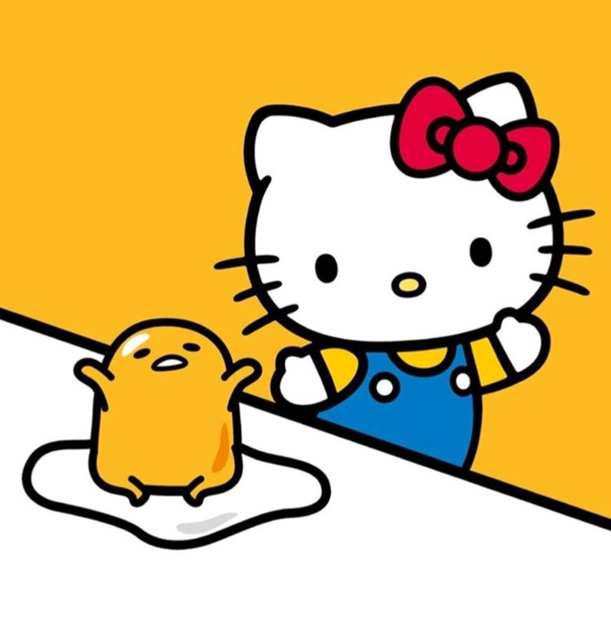 Hello Kitty 在黃色和白色背景上，在懶惰的黃色 Gudetama 角色旁邊揮手。 — Hello Kitty 壁紙