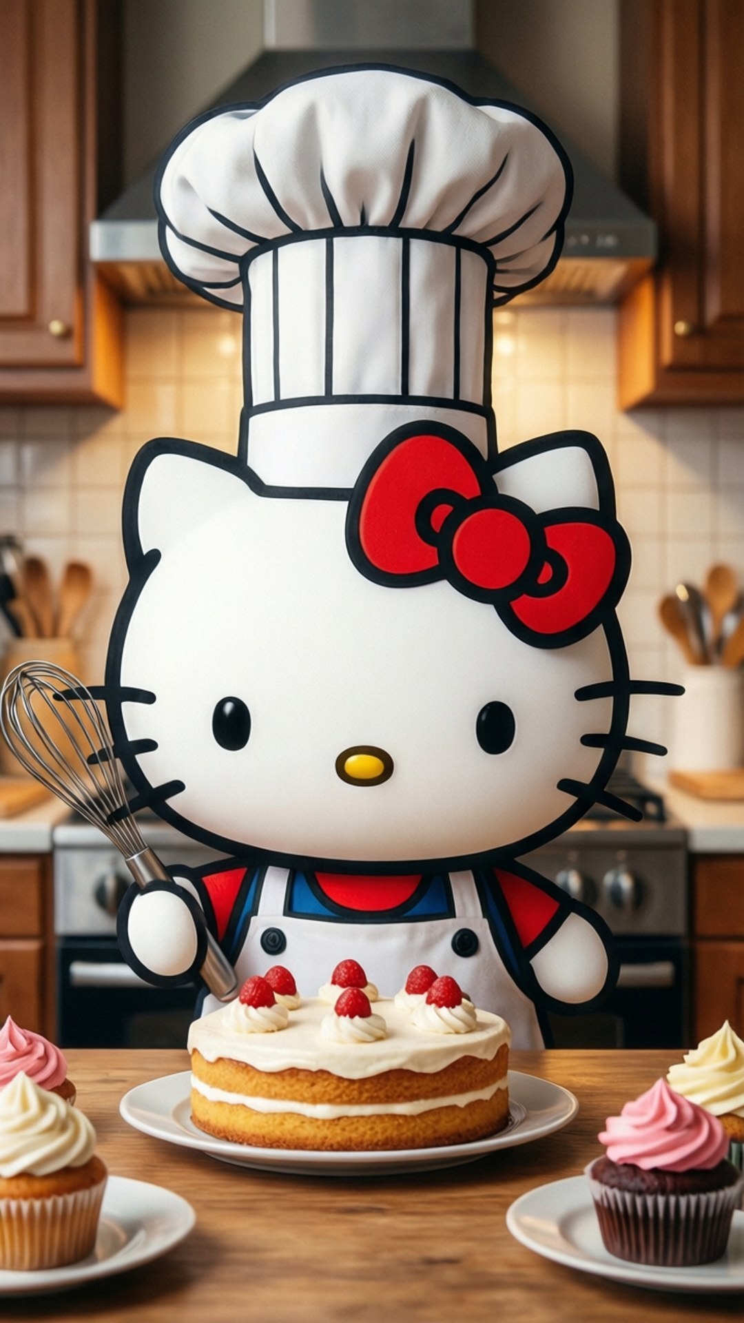 Hello Kitty 廚師在廚房櫃檯上拿著打蛋器，旁邊有蛋糕和紙杯蛋糕 — Hello Kitty 壁紙