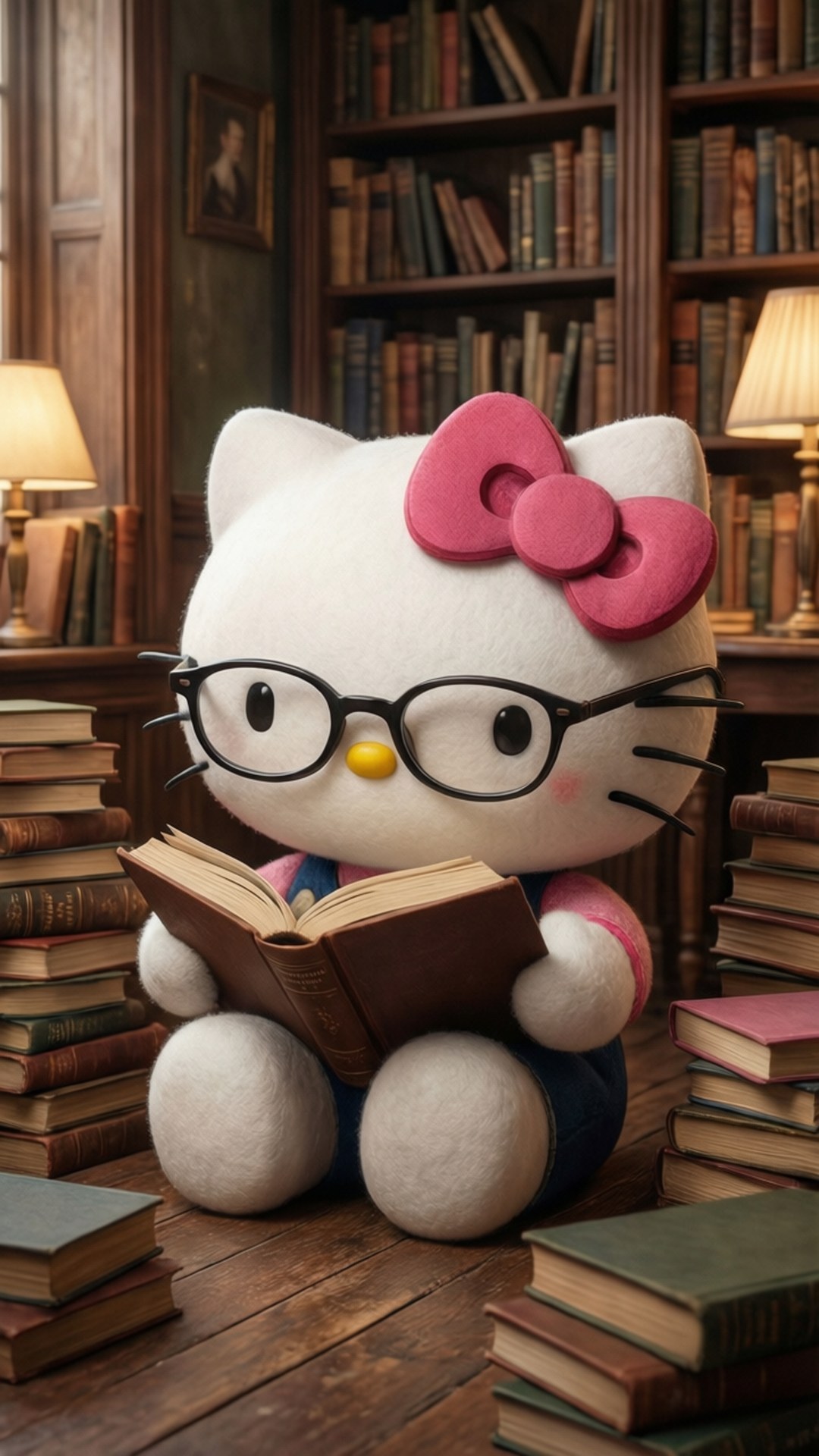 戴眼鏡的Hello Kitty在木質圖書館中被一堆書包圍著看書。 — Hello Kitty 壁紙