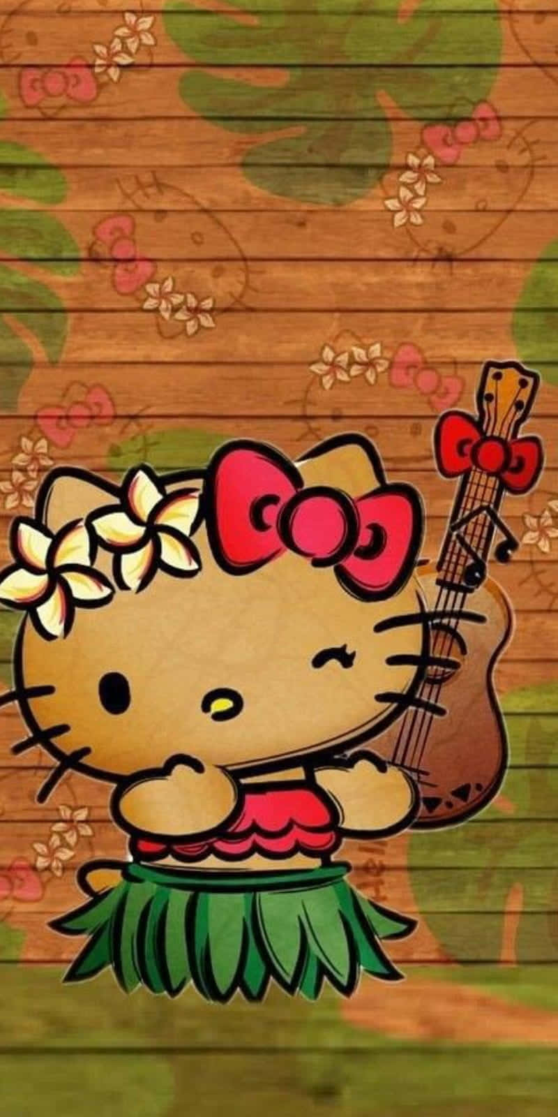  壁紙 — Hello Kitty 身穿草裙舞服裝，戴著紅色蝴蝶結和花環，在熱帶葉子的木質背景前彈奏烏克麗麗。