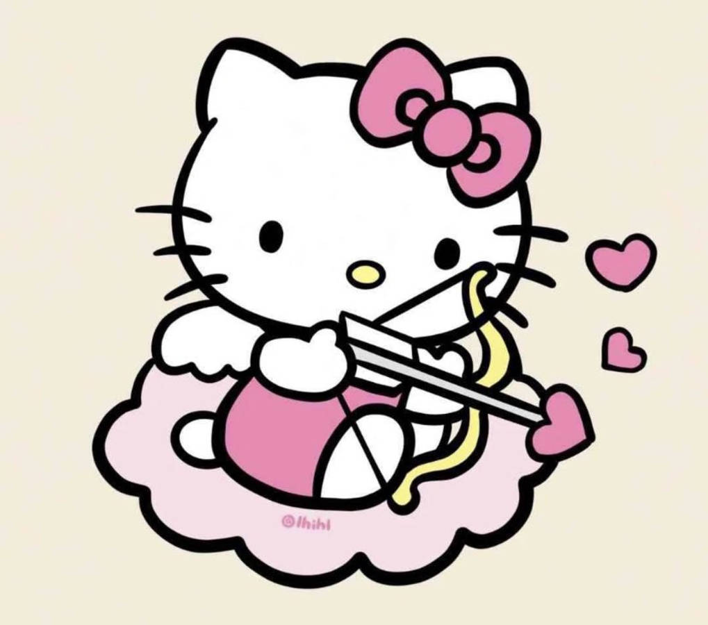 Hello Kitty 手持弓箭，心形圍繞她在雲上飛舞。 — Hello Kitty 壁紙