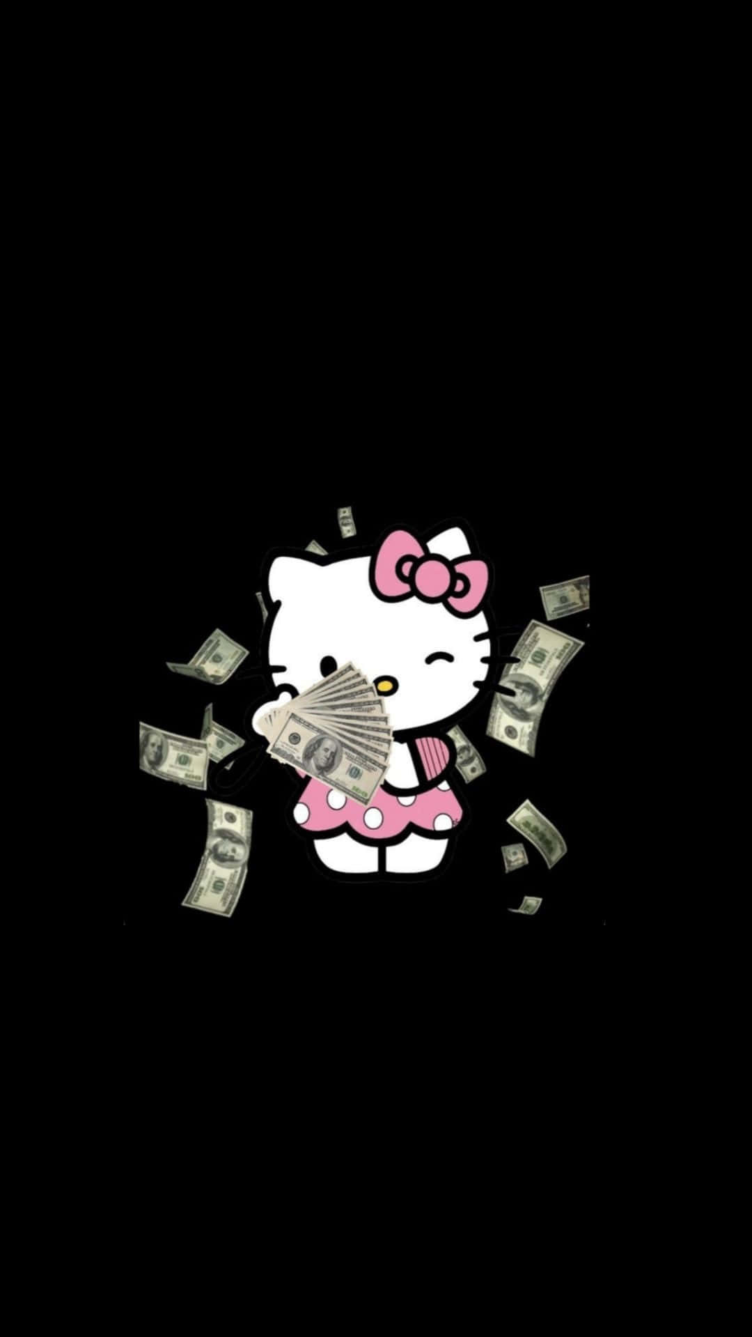  壁紙 — Hello Kitty 身穿粉紅色連衣裙，手持現金扇，鈔票在黑色背景周圍飄浮。