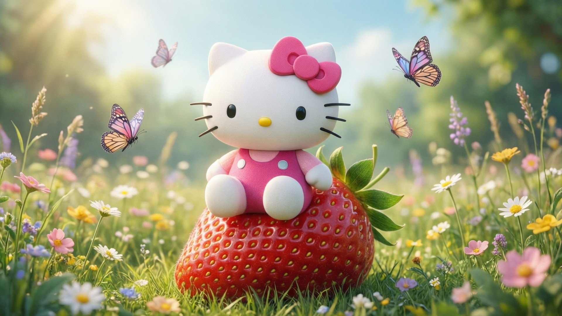 Hello Kitty 桌布 壁紙 — Hello Kitty 身穿粉紅色連衣裙，坐在陽光明媚的草地上的一顆巨大草莓上，蝴蝶翩翩起舞，野花盛開。