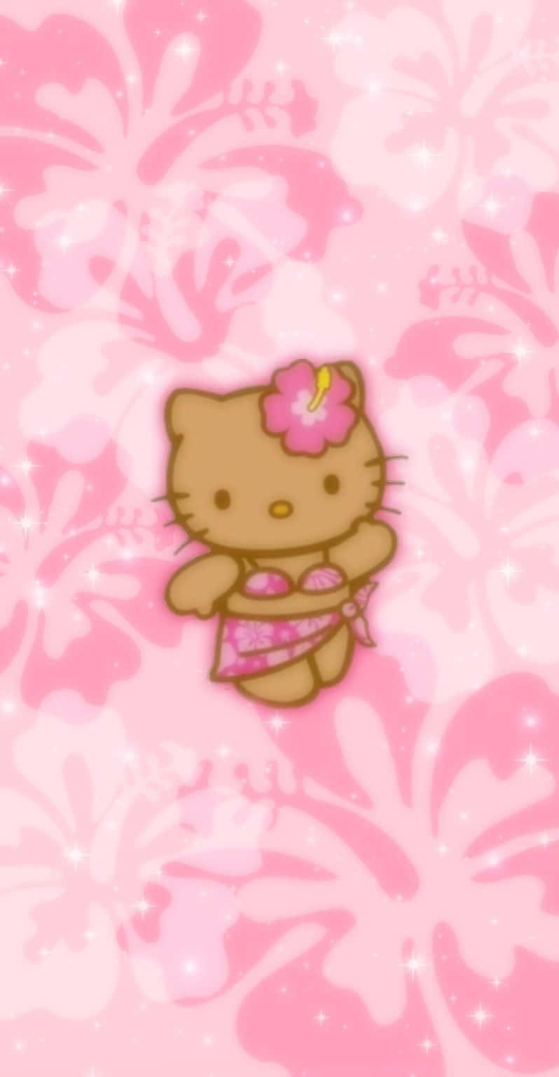  壁紙 — Hello Kitty 身穿粉紅色花卉比基尼，站在閃閃發光的粉紅色木芙蓉壁紙中央。